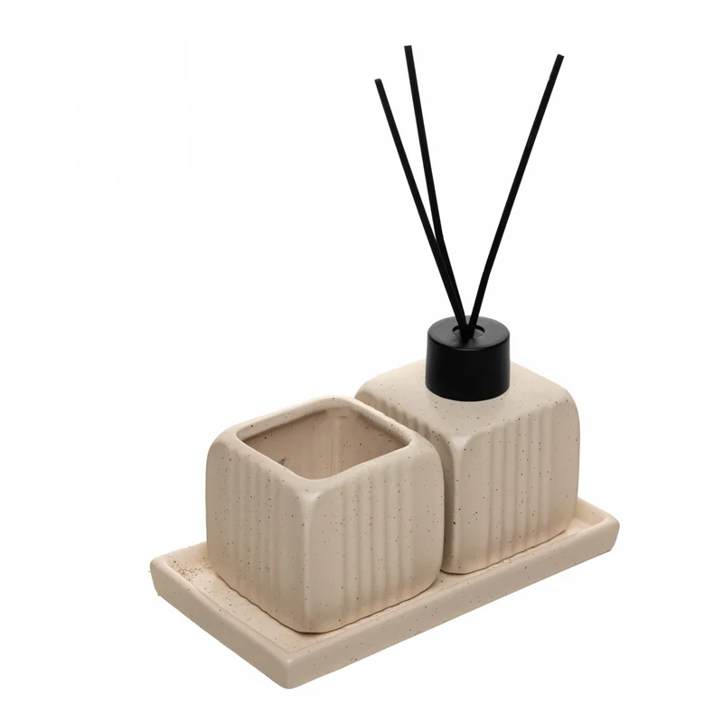 Conjunto Difusor com Porta Vela e Bandeja Slate Creme Cerâmica - Lyor Unico - LYOR