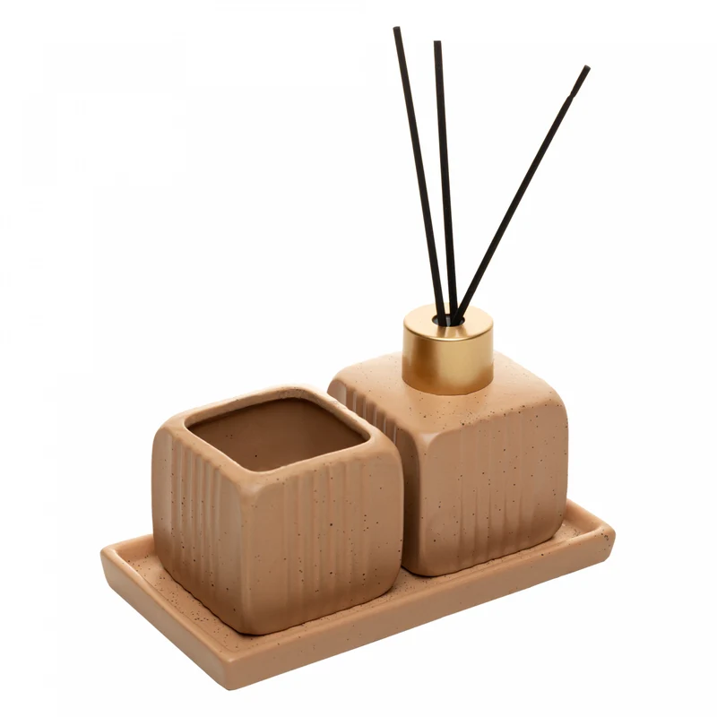 Conjunto Difusor com Porta Vela e Bandeja Slate Marrom Cerâmica - Lyor Unico - LYOR