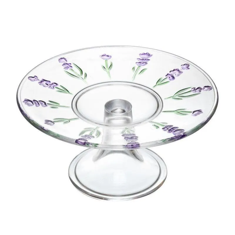 Prato Para Bolo De Cristal Com Pé Hand Painting Lavanda Lilás Lyor