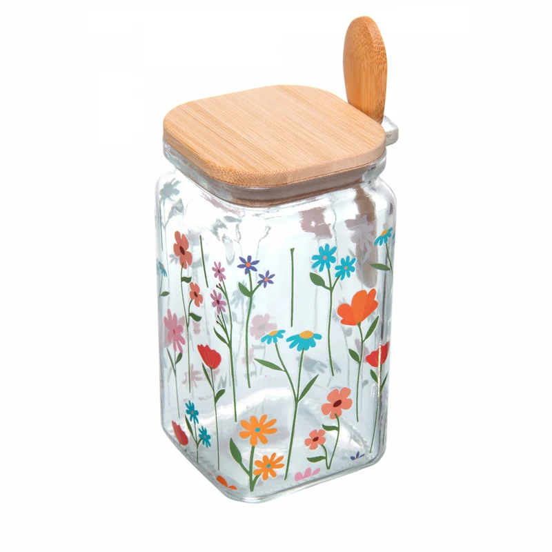 Pote Quadrado com Tampa e Colher de Bambu Jasmim 900ml Vidro - Lyor Unico - LYOR