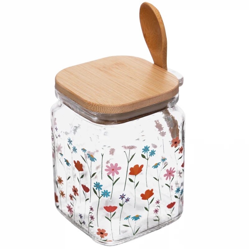Pote Quadrado com Tampa e Colher de Bambu Jasmim 600ml Vidro - Lyor Unico - LYOR