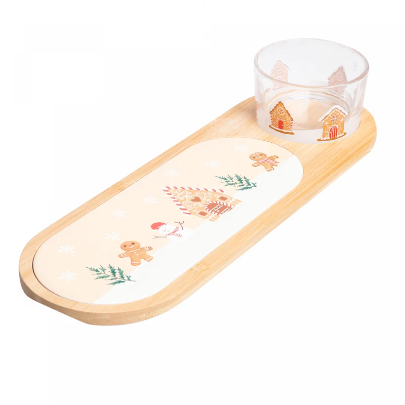 Conjunto 3 Peças Petisqueira com Bandeja e Tábua Encanto de Natal 36cm x 12cm x 6cm Bambu - Lyor Unico - LYOR