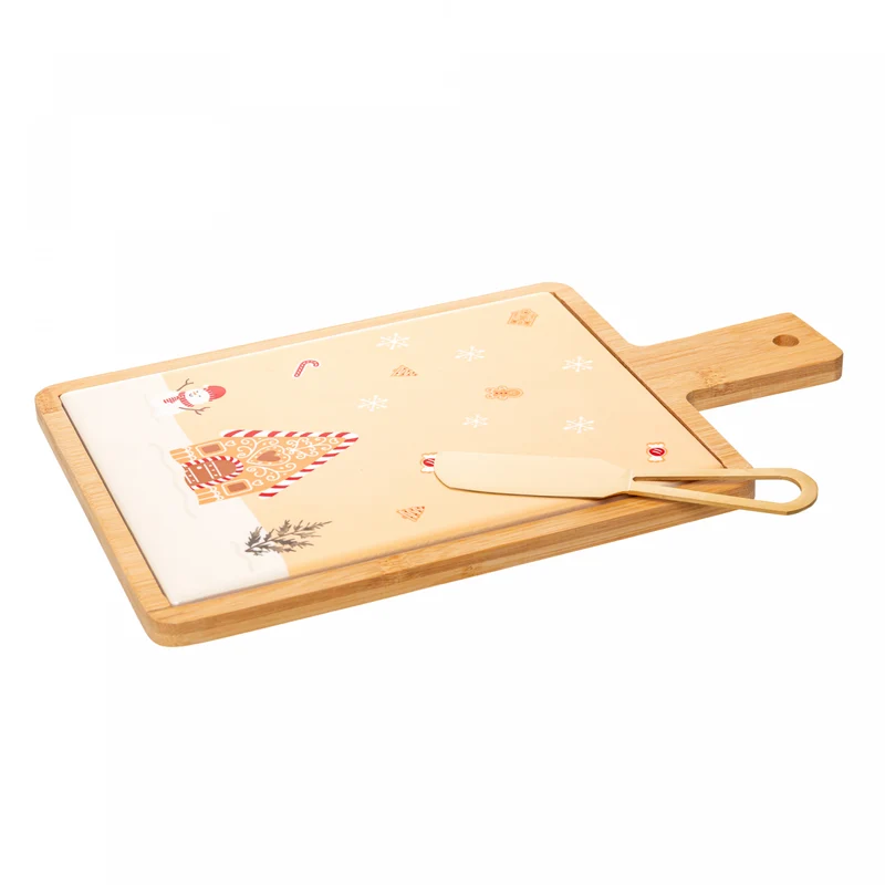 Conjunto 3 Peças para Queijo com Tábua e Faca Encanto de Natal 29cm x 17cm x 1cm Bambu - Lyor Unico - LYOR