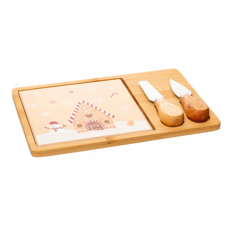 Conjunto 4 Peças Para Queijo Bandeja de Bambu e Tábua Encanto de Natal 25cm x 17cm x 2cm - Lyor Unico - LYOR