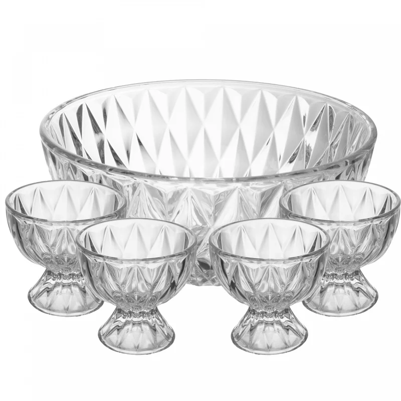 Conjunto 5 Peças Bowl e 4 Taças de Sobremesa Diamond 1,1L/120ml Cristal - Lyor Unico - LYOR