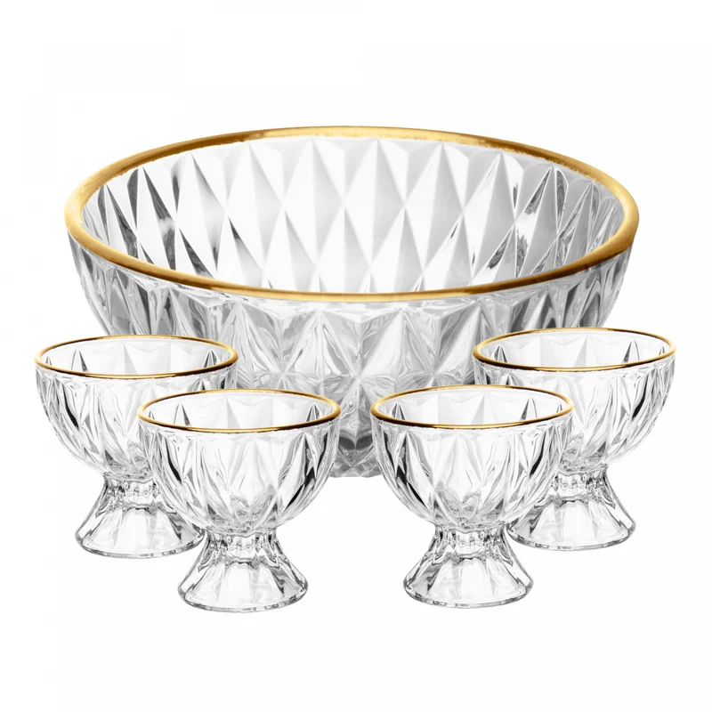 Conjunto 5 Peças Bowl e 4 Taças de Sobremesa Diamond com Fio de Ouro 1,1L/120ml Cristal - Lyor Unico - LYOR