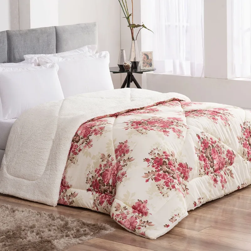 Coberdrom Casal Queen Winter 100% Algodão / Sherpa 01 Peça - Floral Vermelho