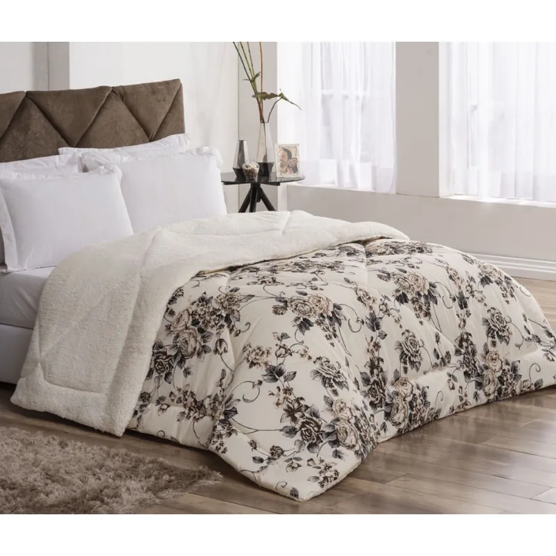 Coberdrom Casal Queen Winter 100% Algodão / Sherpa 01 Peça - Floral Tabaco