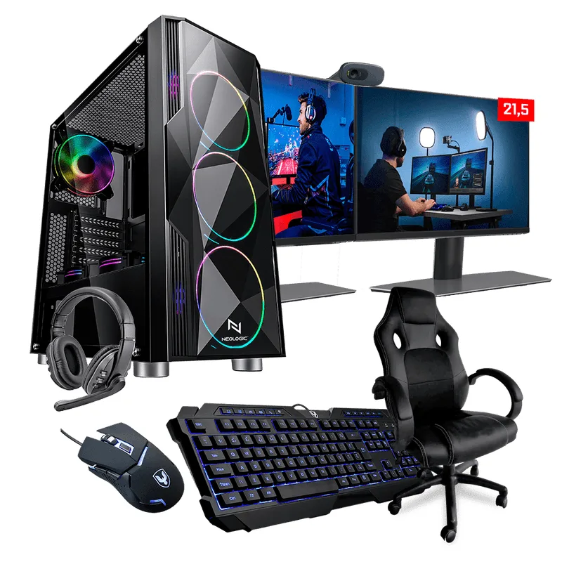PC Gamer Completo Intel i5-9400F 16GB (GTX 1050TI 4GB) SSD 240GB + HD 1TB 500W 80 Plus + 2 Monitores 21 + Cadeira, Neologic Streamer - NLI82296