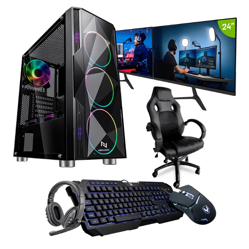 PC Gamer Completo Neologic Streamer NLI82305 Intel i5-9400F 16GB (GTX 1650 4GB) SSD 240GB + HD 1TB 400W 80 Plus + 2 Monitores 24 + Cadeira