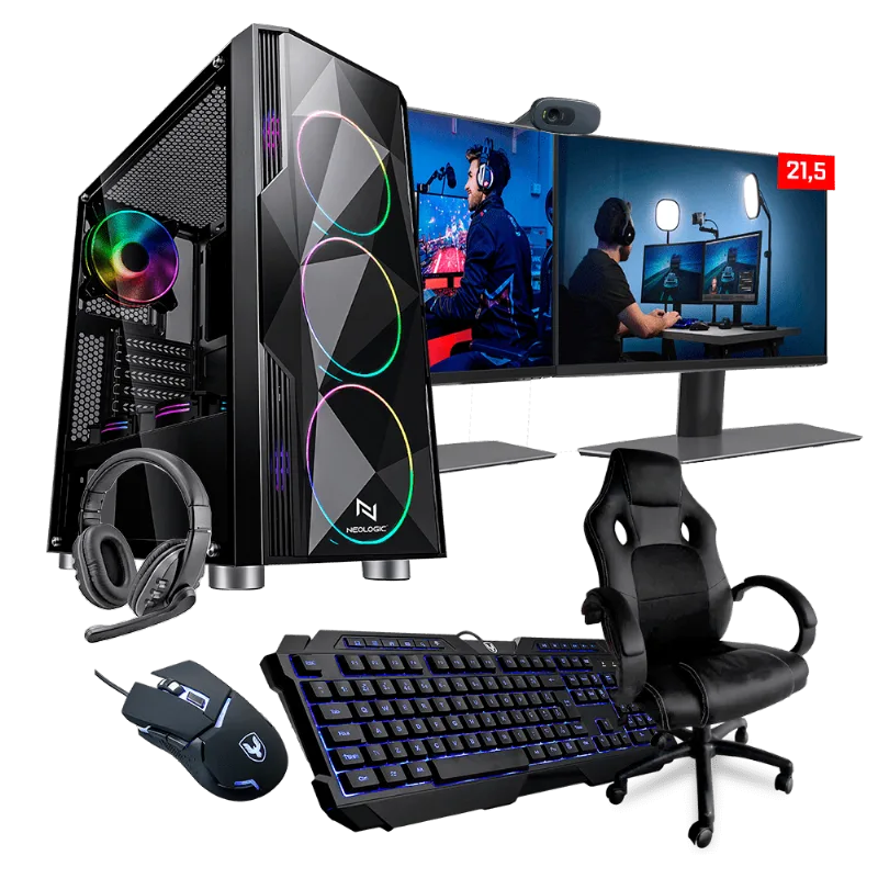 PC Gamer Completo Neologic Streamer NLI82424 Intel i5-9400F 16GB (GTX 1060 3GB) SSD 240GB + HD 1TB 400W 80 Plus + 2 Monitores 21 + Cadeira