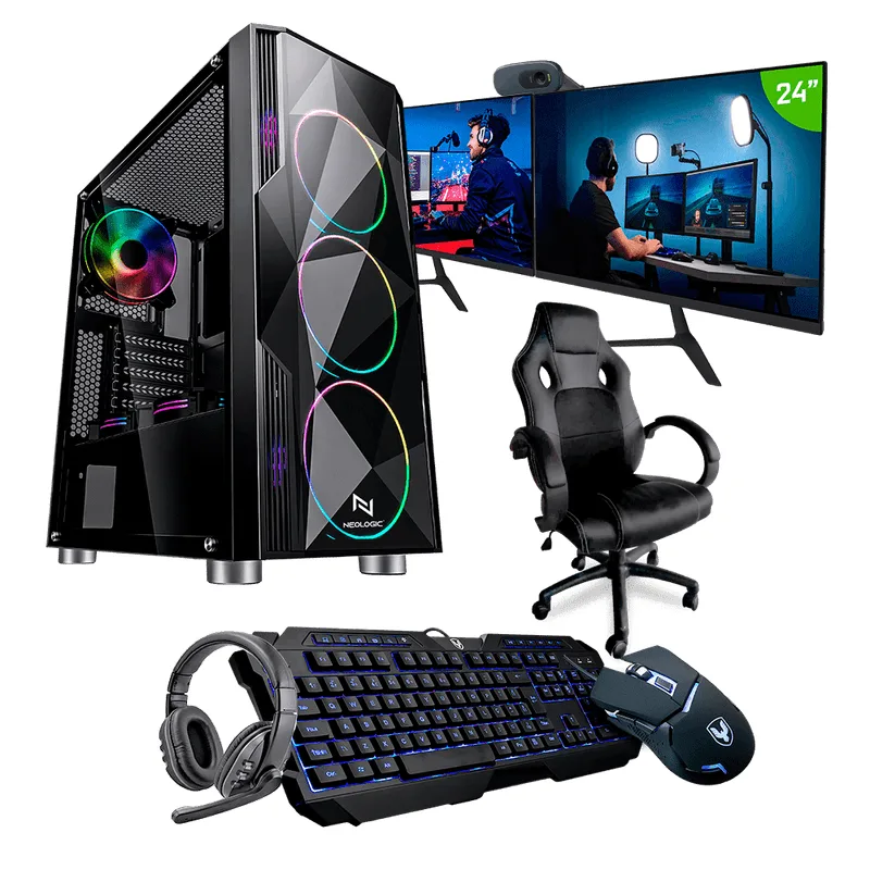 PC Gamer Completo Neologic Streamer NLI82425 Intel i5-9400F 16GB (GTX 1060 3GB) SSD 240GB + HD 1TB 400W 80 Plus + 2 Monitores 24 + Cadeira