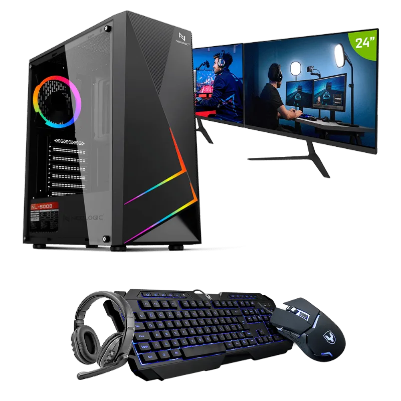 Kit - PC Gamer Intel i5 10400F 16GB (GTX 1050TI 4GB) SSD 240GB + HD 1TB 500W 80 Plus + 2 Monitores 24, Neologic Streamer - NLI83657