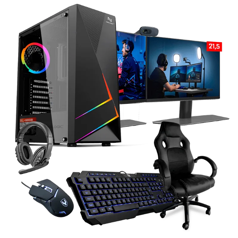 PC GAMER COMPLETO NEOLOGIC STREAMER NLI83658 INTEL I5 10400F 16GB (GTX 1050TI 4GB) SSD 240GB + HD 1TB 400W 80 PLUS + 2 MONITORES 21 + CADEIRA