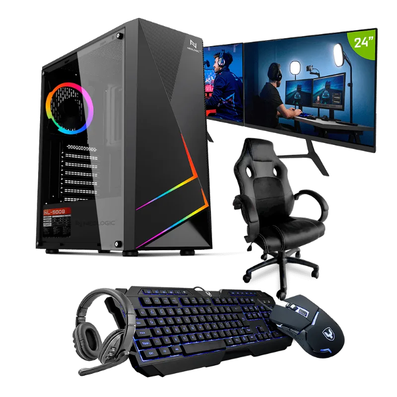 PC GAMER COMPLETO NEOLOGIC STREAMER NLI83659 INTEL I5 10400F 16GB (GTX 1050TI 4GB) SSD 240GB + HD 1TB 400W 80 PLUS + 2 MONITORES 24 + CADEIRA