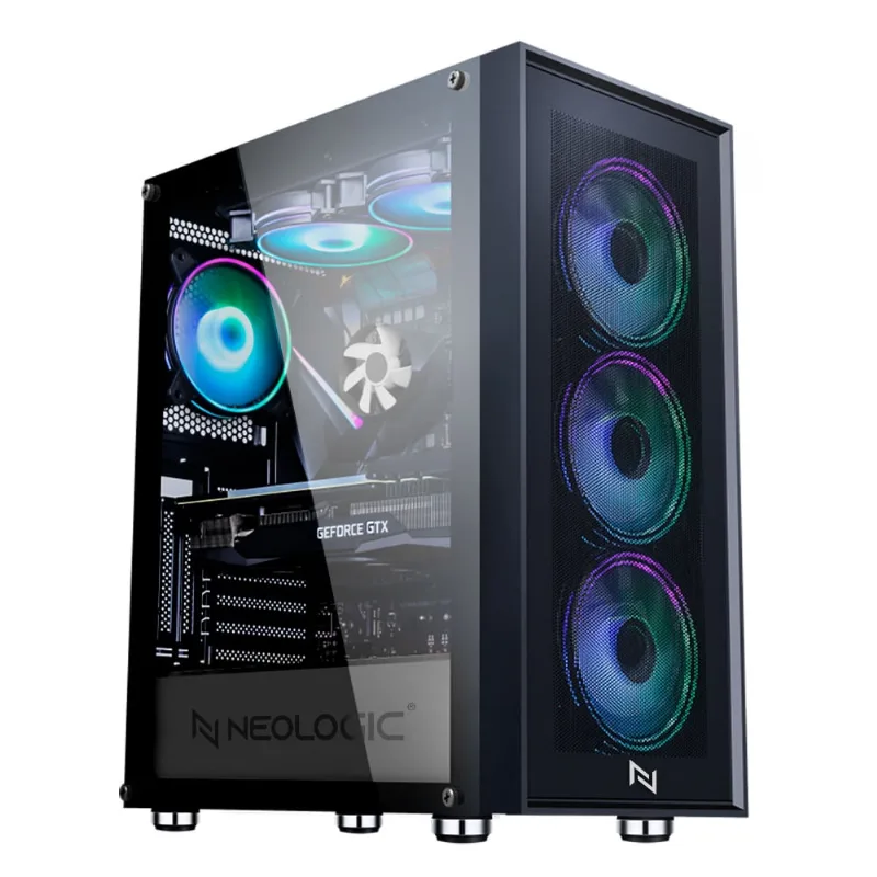 Gabinete gamer neologic guardian, vidro temperado, com 3 fans rainbow, preto - nlgrdn