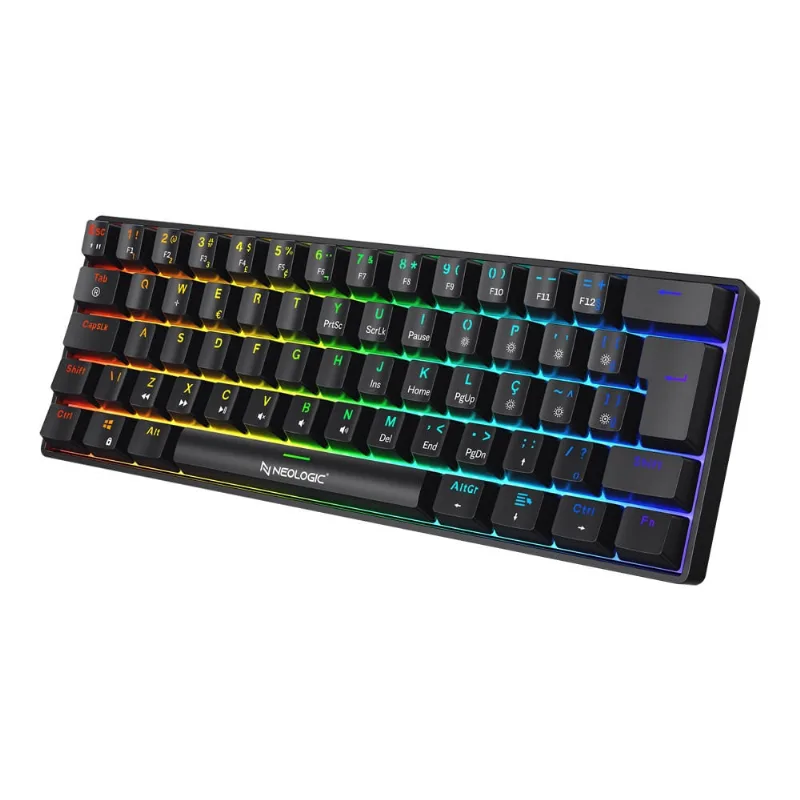 Teclado gamer mecânico neologic precision pro dark 60% rgb hot swap 61 teclas switch blue preto cabo