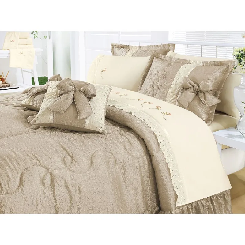 Kit Cobre Leito Desejos Matelado 7 Peças Cama Queen Cáqui