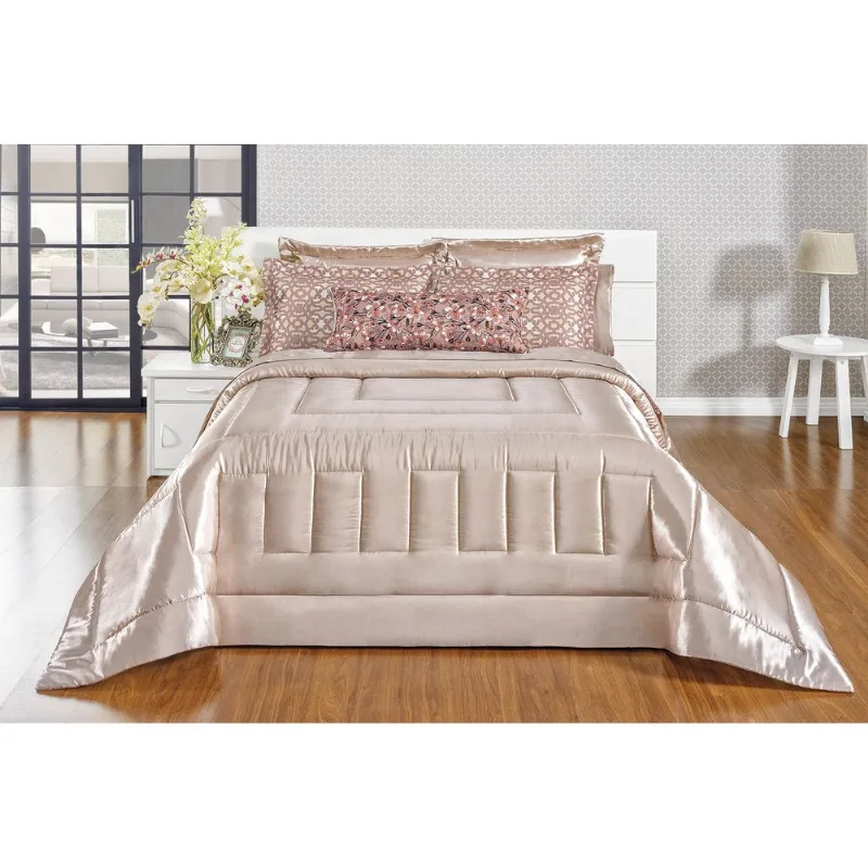 Kit Edredom Cama King 7 Peças Cetim Charmousse Nude