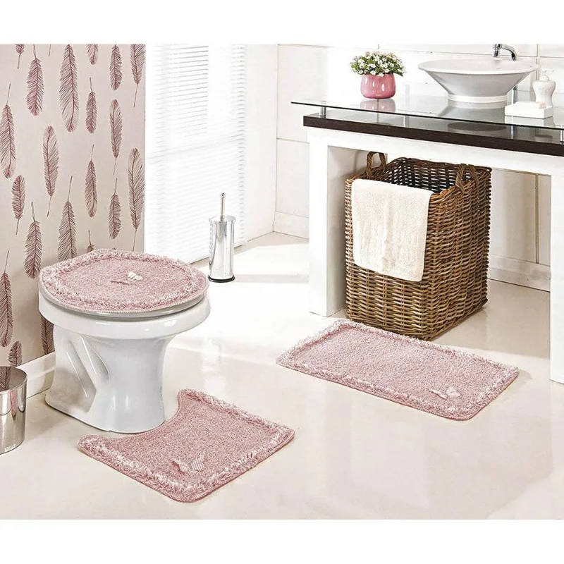 Jogo De Banheiro Delicato 03 Peças Algodão Salmão