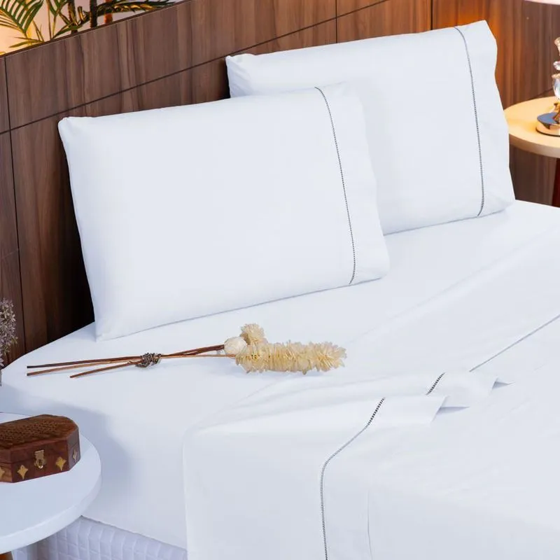 Jogo De Cama Queen 140 Fios Ponto Palito Branco 4pçs