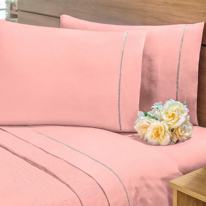 Jogo Lençol 400 Fios Ponto Palito Solteiro 2Pçs Salmão