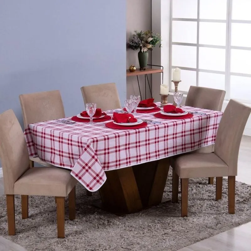 Toalha De Mesa Natal Premium Dupla Face 6 Lugares Xadrez - Vermelho