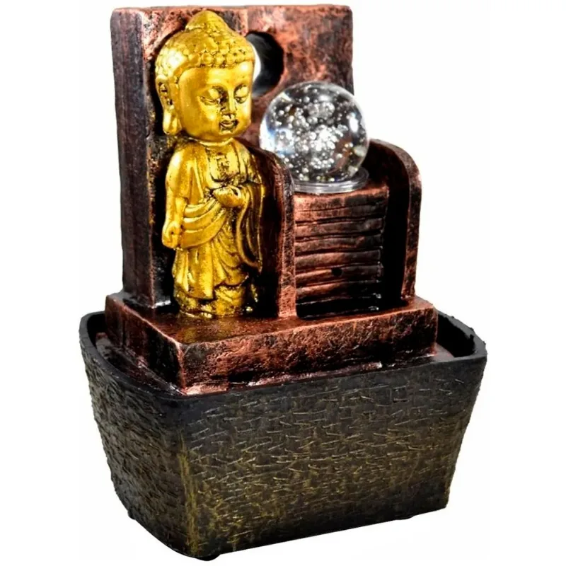 Fonte De Água Cascata Buda Dourado Em Resina Bivolt