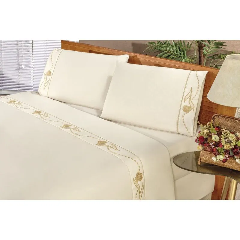 Jogo de Cama Lençol Imperial Solteiro 03 Peças Percal 180 Fios Detalhe Bordado e Ponto Palito - Palha