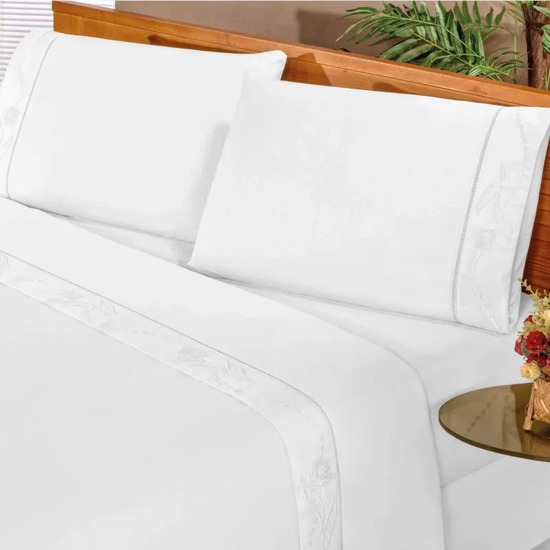 Jogo de Cama Casal Imperial 4 Peças 180 Fios Percal Bia Enxovais Branco
