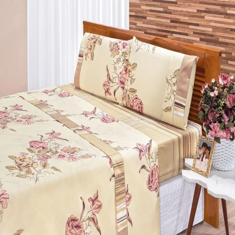 Jogo De Cama Solteiro Requinte 3 Peças Percal 180 Floral Palha