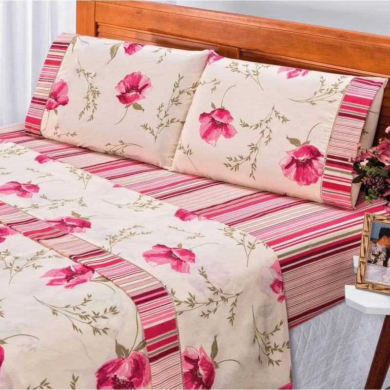 Jogo de Cama Solteiro Requinte 3 Peças 180 Fios Percal Bia Enxovais Floral Rose