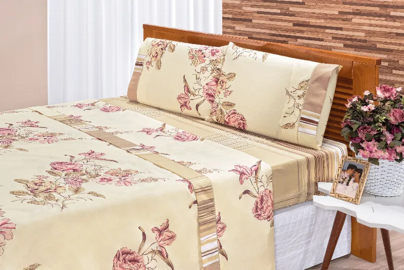 Jogo De Lençol Requinte Cama Casal Padrão 4 Peças Estampa 5
