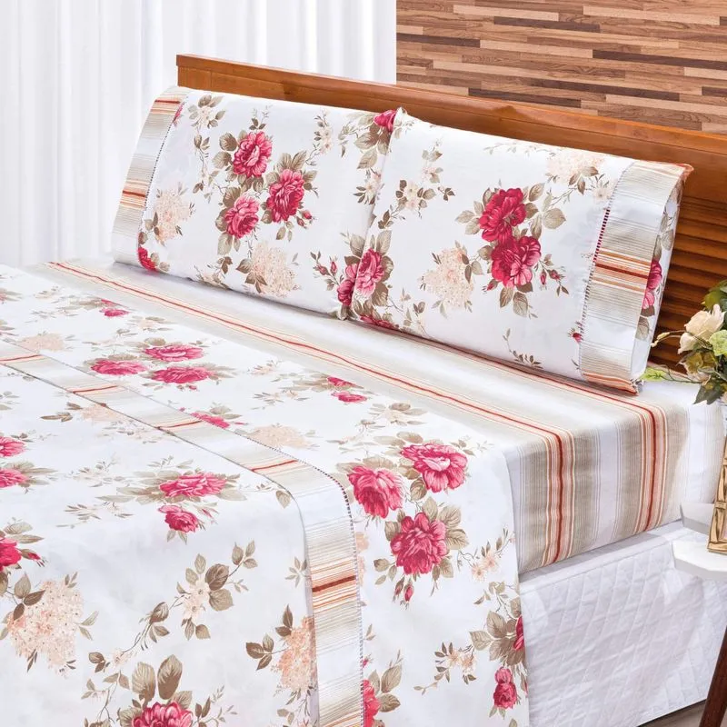 Jogo de Cama Casal Requinte 3 Peças 180 Fios Percal Bia Enxovais Floral Vermelho