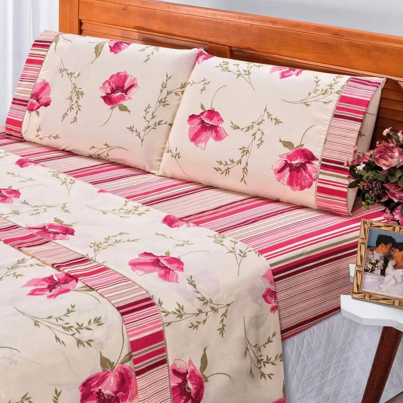Jogo de Cama Casal Requinte 3 Peças 180 Fios Percal Bia Enxovais Floral Rose