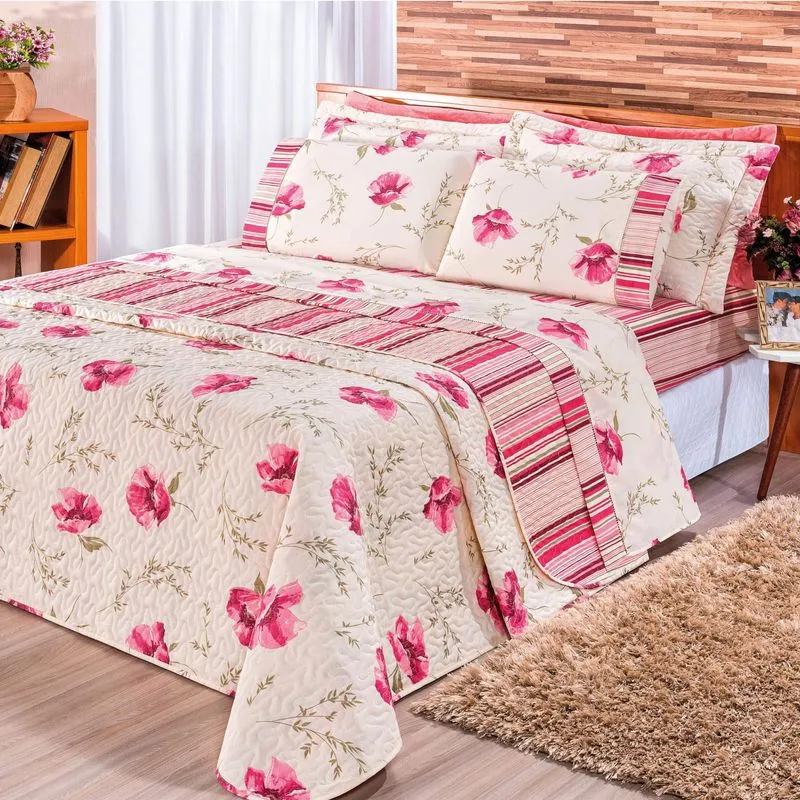 Kit Colcha Solteiro Requinte 3 Peças 180 Fios Bia Enxovais Floral Rose