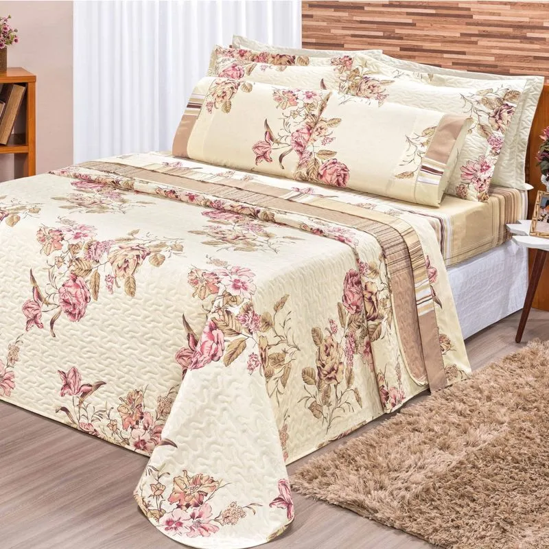 Kit Colcha Solteiro Requinte 3 Peças 180 Fios Bia Enxovais Floral Palha