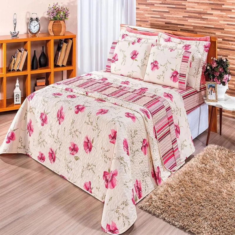 Cobre Leito Casal Requinte 03 Peças Percal 180 Fios Floral Rose