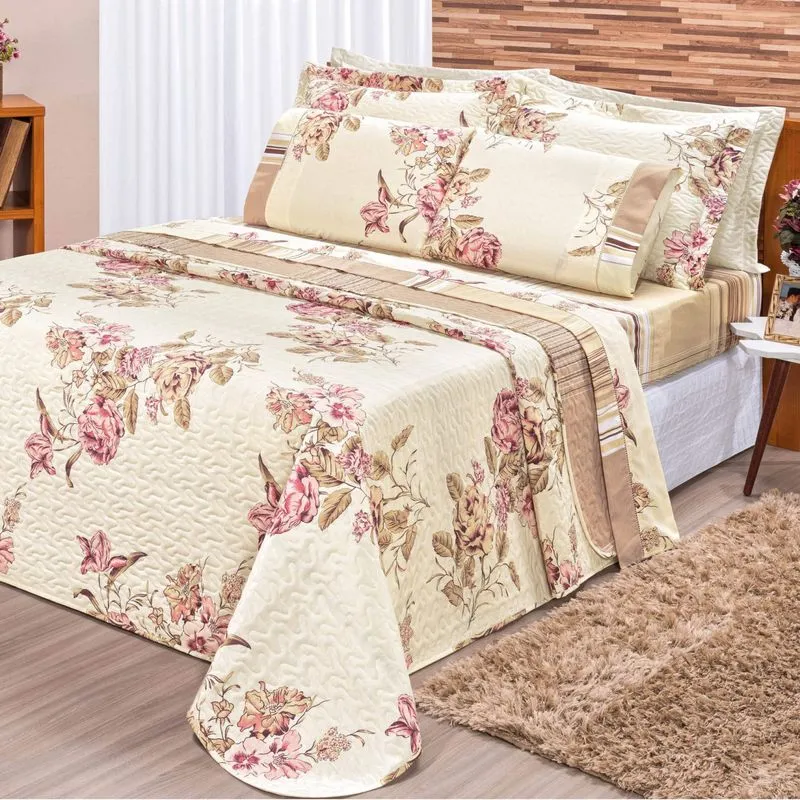 Kit Colcha Casal Requinte 3 Peças 180 Fios Bia Enxovais Floral Palha