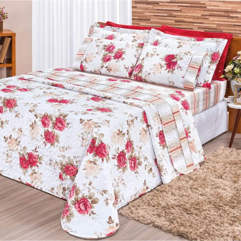 Kit Colcha Casal Requinte 3 Peças 180 Fios Bia Enxovais Floral Vermelho