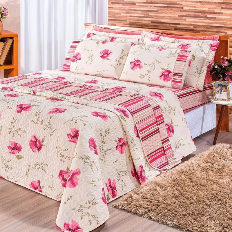 Kit Colcha Queen Requinte 3 Peças 180 Fios Bia Enxovais Floral Rose
