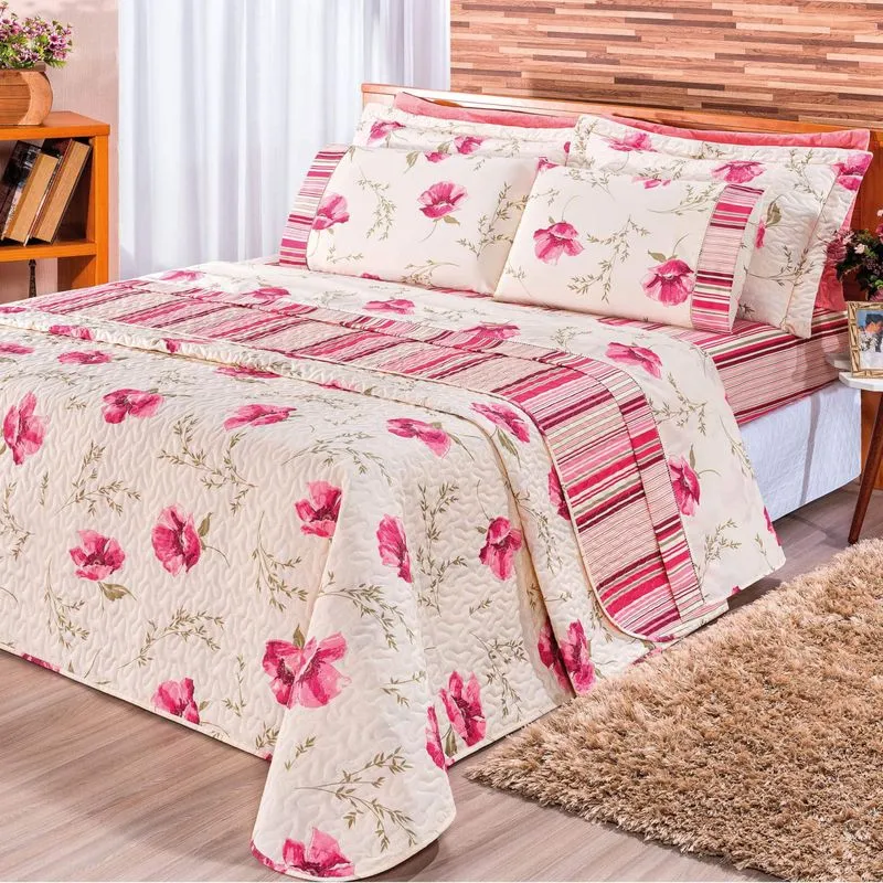 Kit Colcha Super King Requinte 3 Peças 180 Fios Bia Enxovais Floral Rose