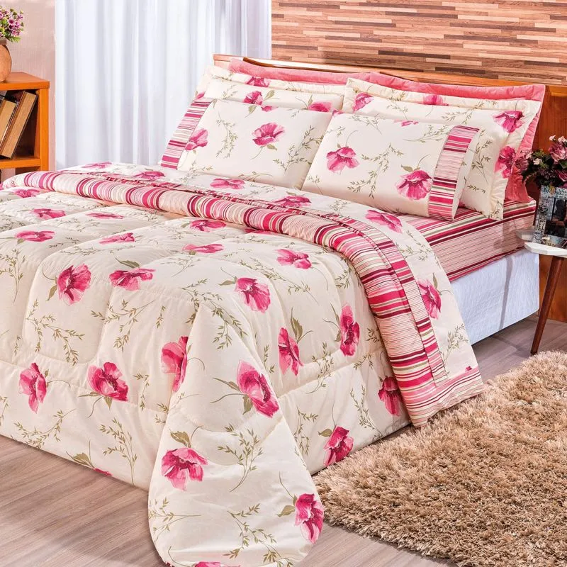 Kit Edredom Casal Requinte 3 Peças Percal Bia Enxovais Floral Rose