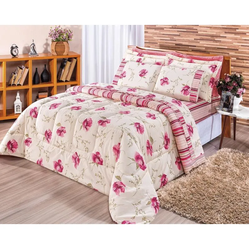 Kit Edredom Requinte 180 Fios King Floral Pink 03 Peças
