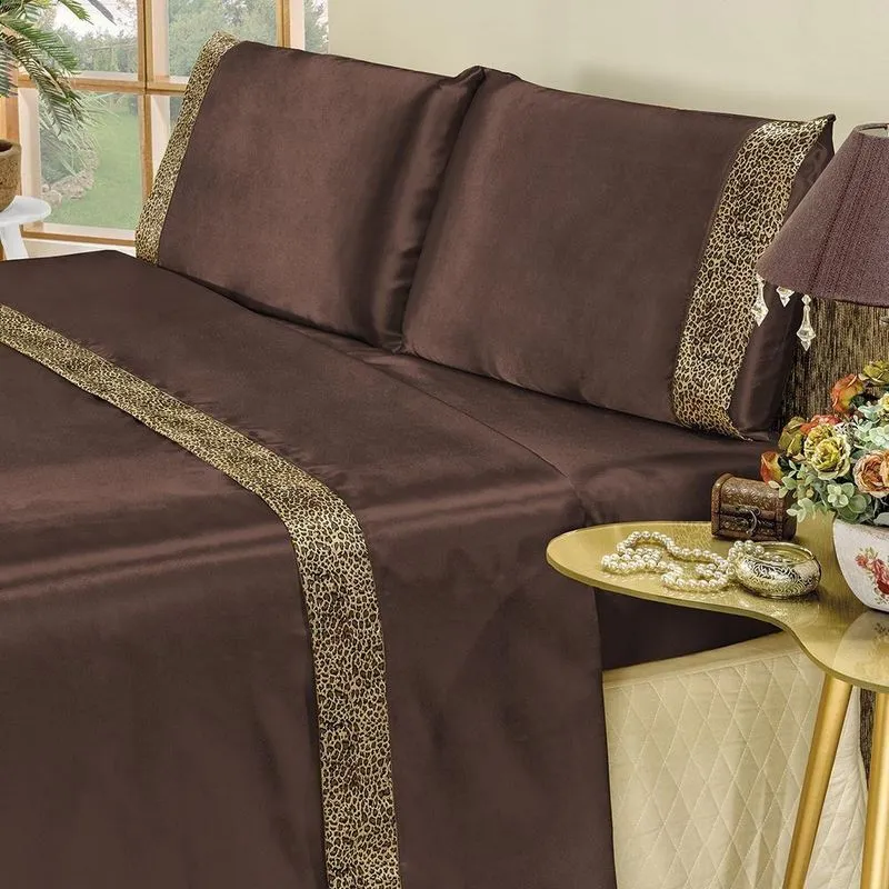 Jogo De Cama Queen 04 Peças Cetim Tabaco