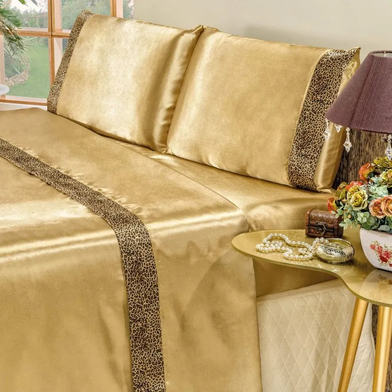 Jogo de Cama Queen Safari 4 Peças Cetim Algodão Bia Enxovais Dourado