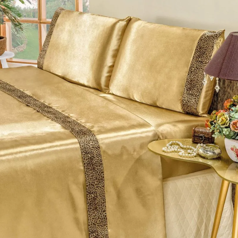 Jogo de Cama King Safari 4 Peças Cetim Algodão Bia Enxovais Dourado