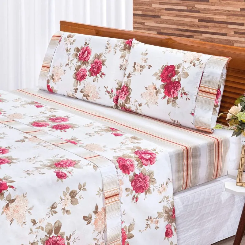 Jogo de Cama Queen Requinte 3 Peças 180 Fios Percal Bia Enxovais Floral Vermelho