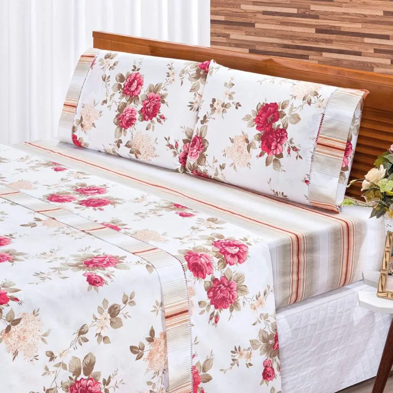 Jogo de Cama King Requinte 3 Peças 180 Fios Percal Bia Enxovais Floral Vermelho