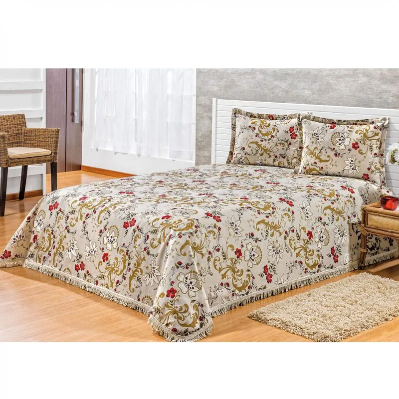 Kit Colcha Casal La Bella 03 Peças Bia Enxovais Floral Bege